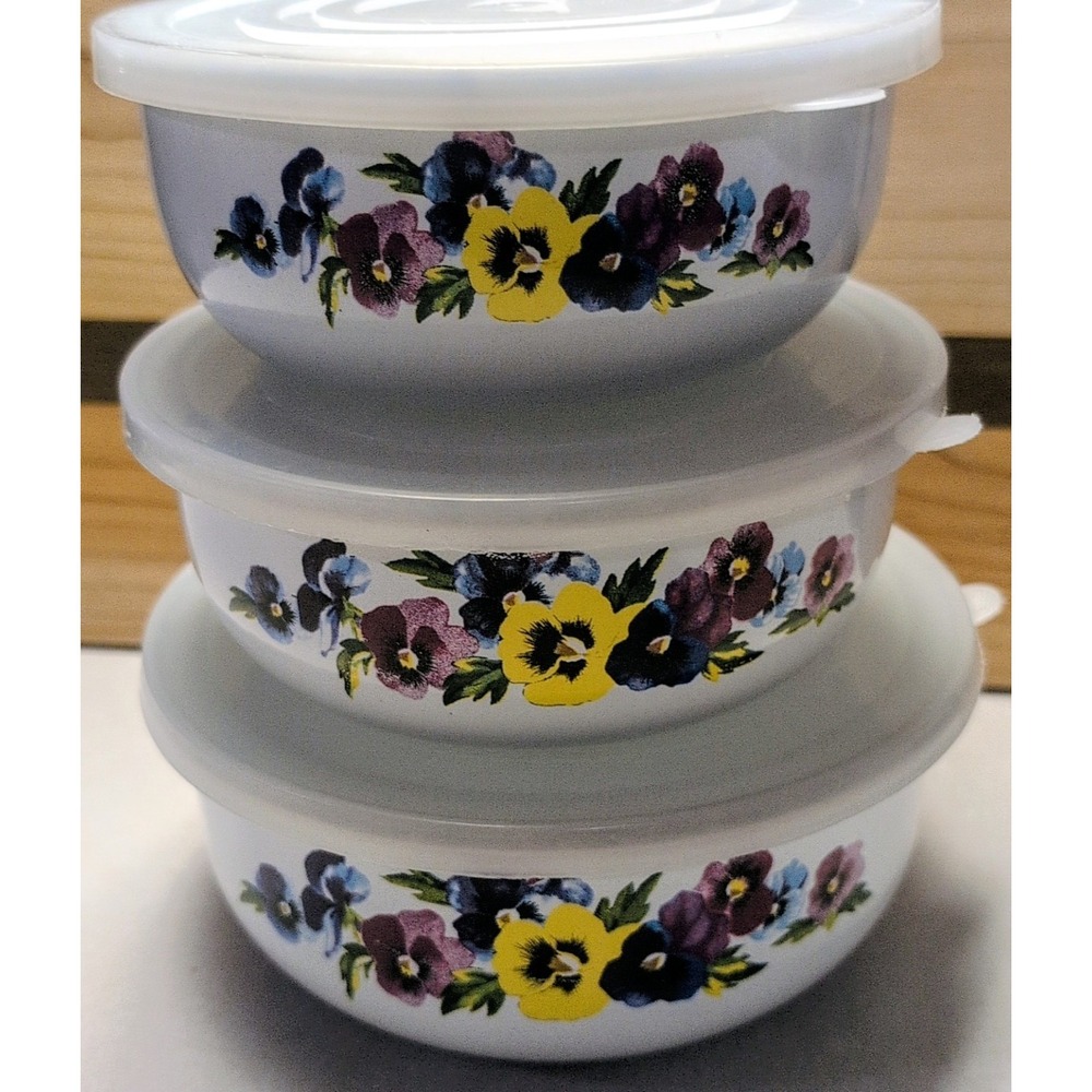 GMI 3 Bowl Set Enamelware Metal Storage Mixing Nesting Pansies Flowers Vintage